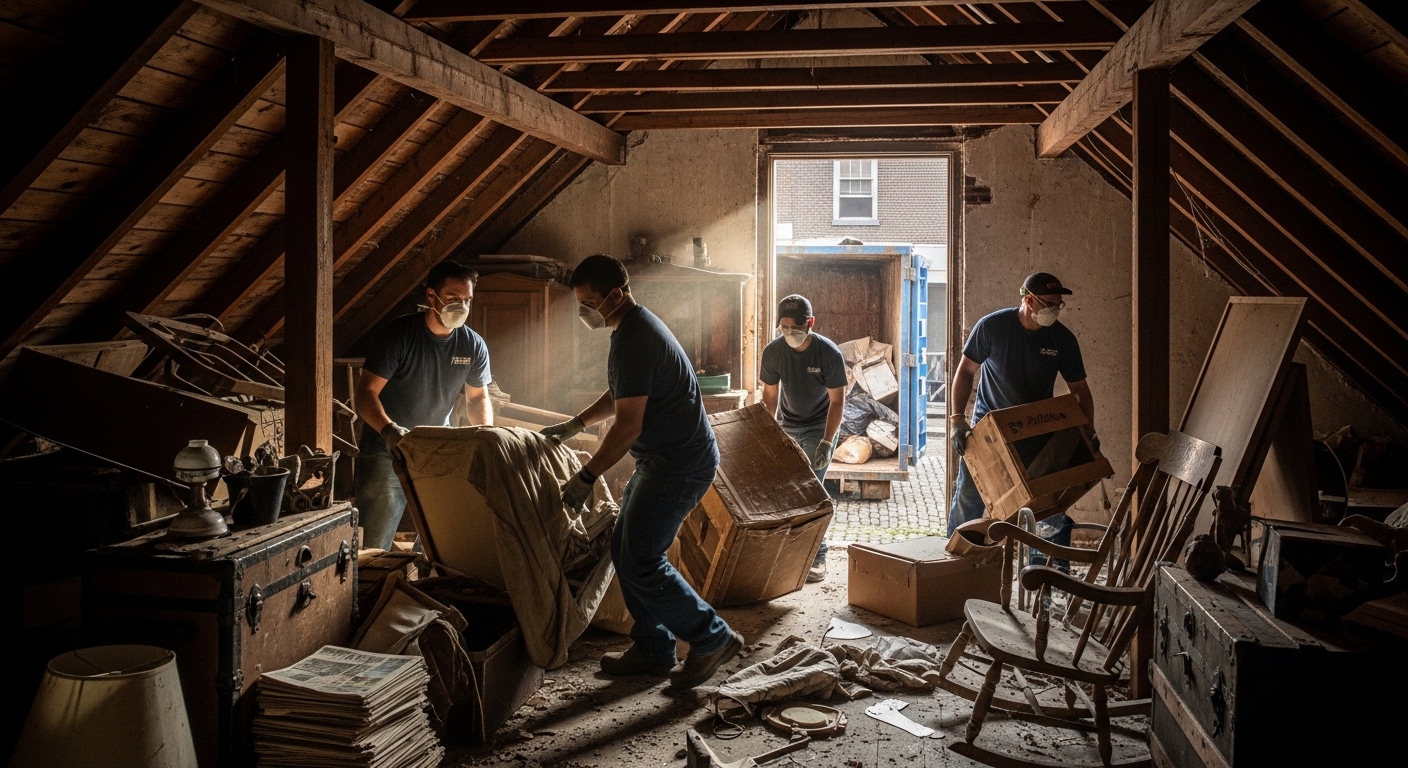 Cardboard boxes stored in a dusty attic space